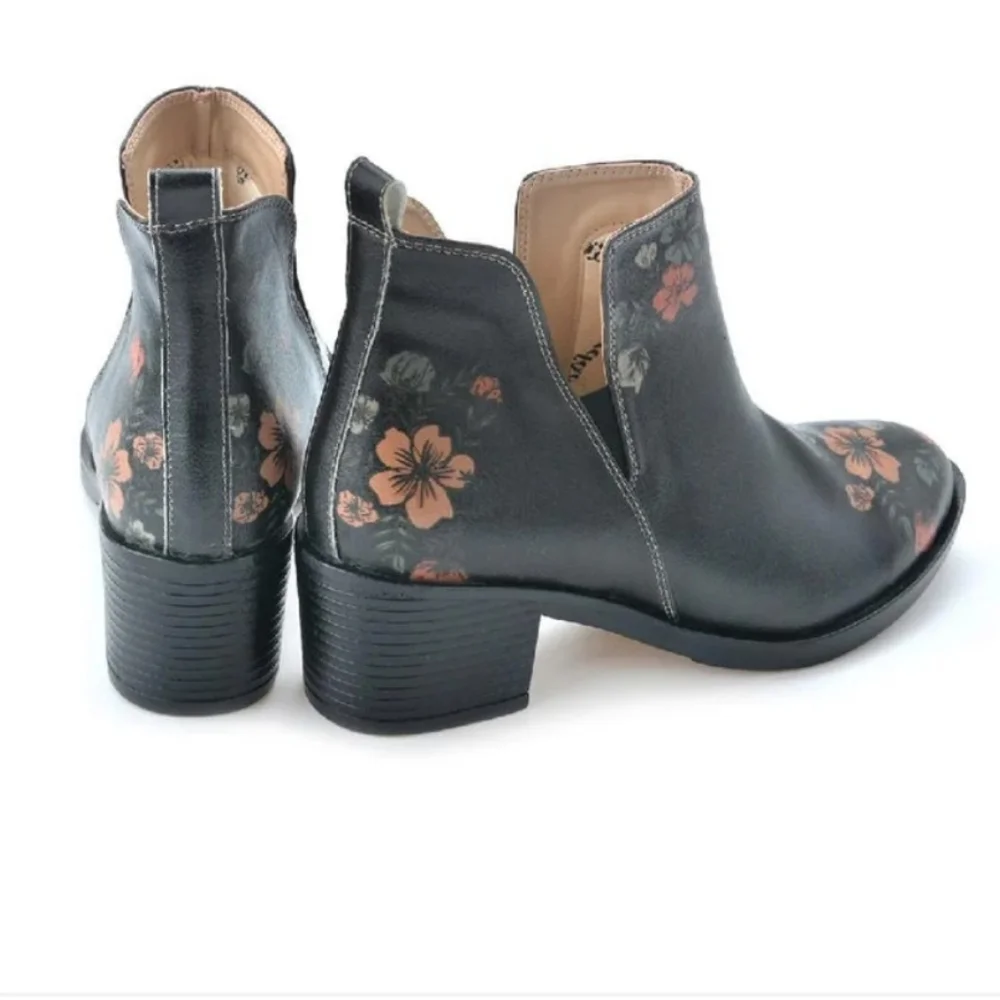 Goby Black Floral Boho Ankle Boots